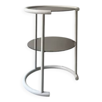 Tubular space age serving table in white metal and pink smoked glass, 1970s design