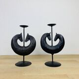 Pair of Brutalist Zoomorphic Candlesticks, Wrought Iron