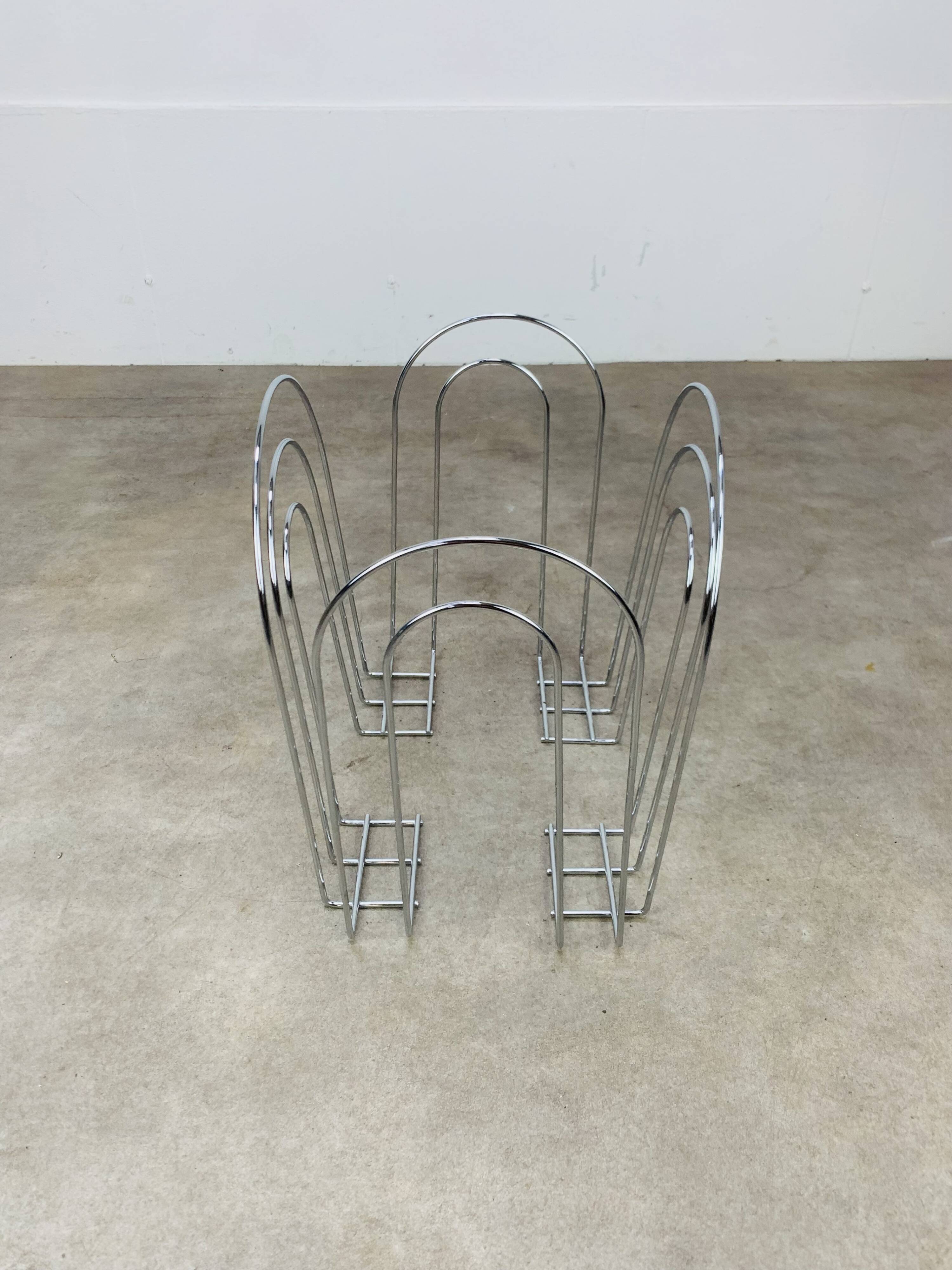 Postmodern chrome metal magazine rack from the 80s