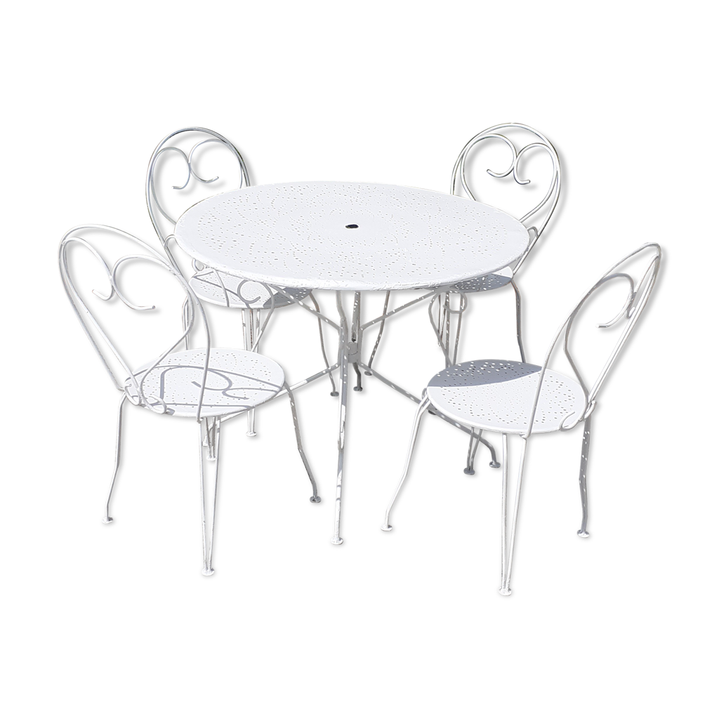 Salon De Jardin Aubaho - Table + 4 Chaises En Fer, Style Antique, Couleur Crème (neuf)