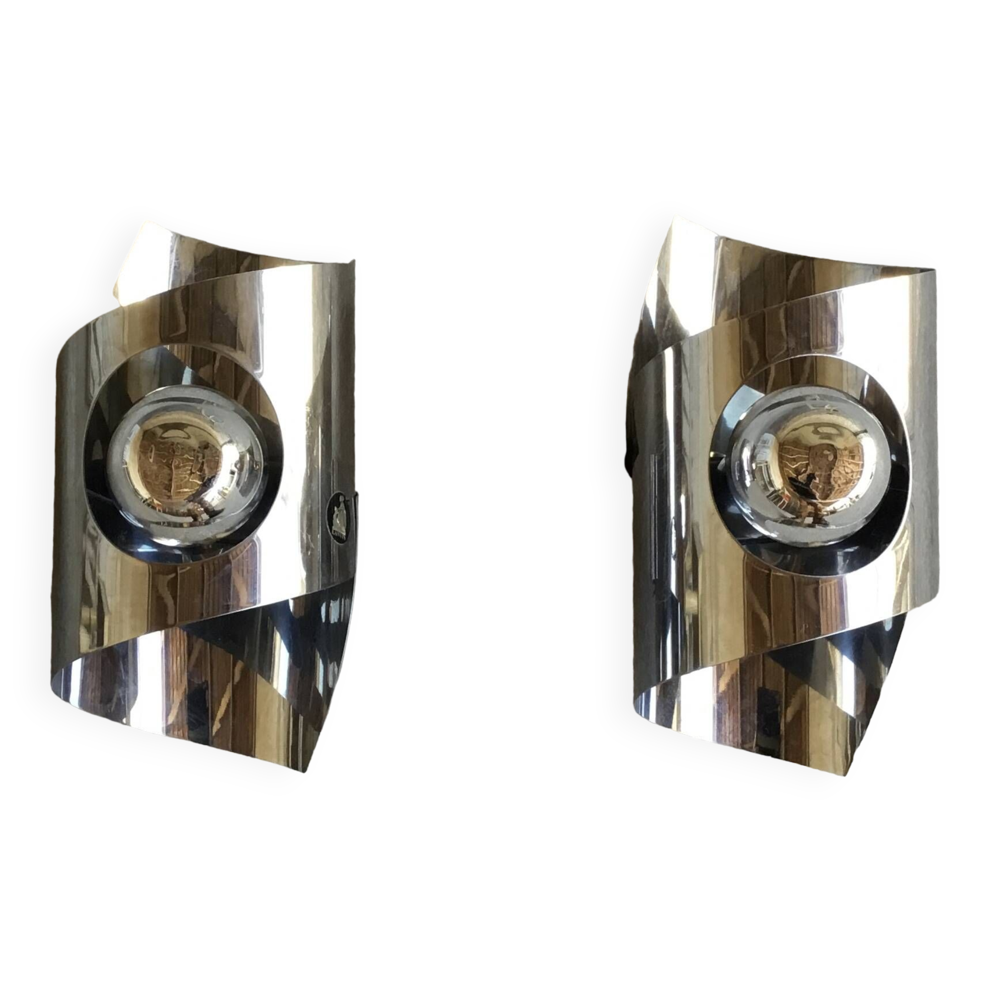 Pair of Lanvin wall lights in stainless steel sheet - space-age design 1970
