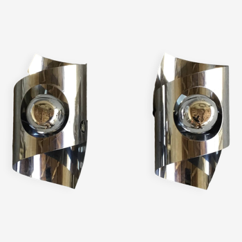 Pair of Lanvin wall lights in stainless steel sheet - space-age design 1970