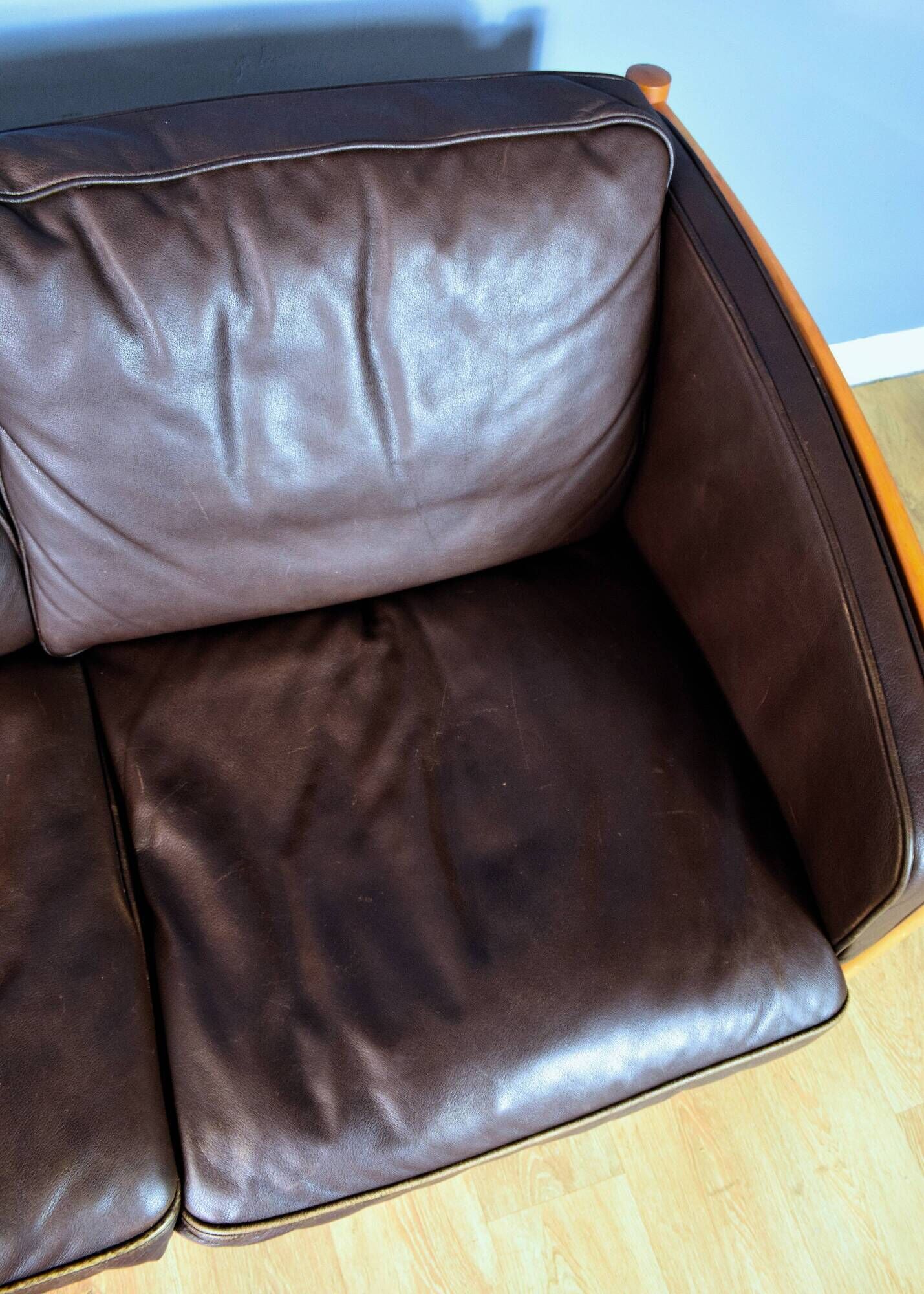 Stouby brown leather & cherry wood 3 seat sofa 1970s