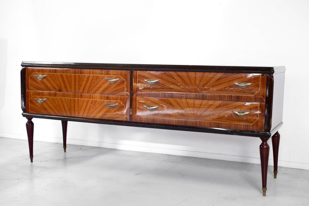Midcentury Italian Sideboard / Dresser In Walnut And Brass. Vintage Modern