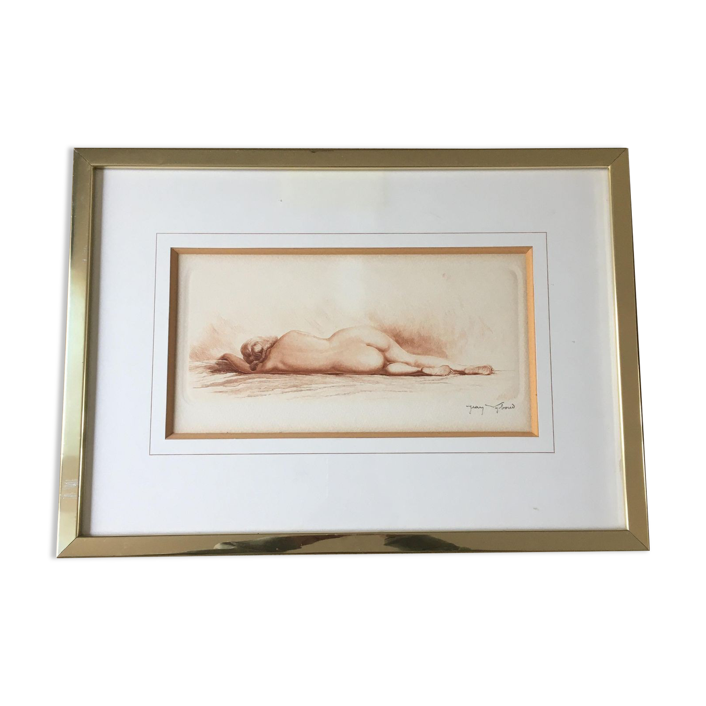 Eaux Forte à la sanguine signed Jean Vyboud 'Woman lying naked'