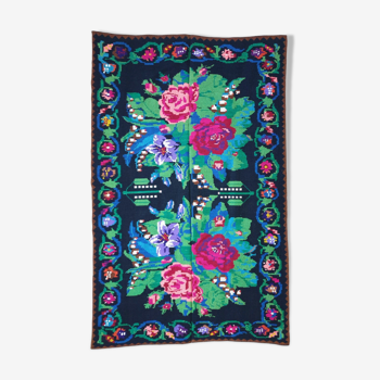 Romanian handwoven carpet green and fuchsia rug made in wool bohemian design