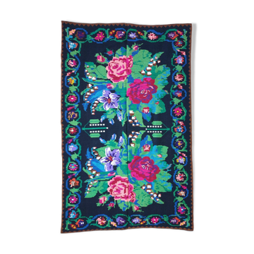 Romanian handwoven carpet green and fuchsia rug made in wool bohemian design