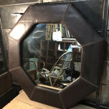Octagonal wall mirror in vintage brown leather 67,5x67,5 cm