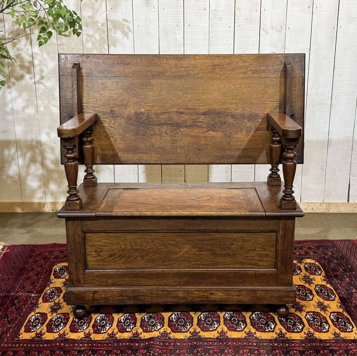 English oak bank safe from the 1930s that can serve as a console.