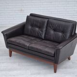 1970s, Danish 2 seater sofa, original condition, furniture leather, solid teak wood.