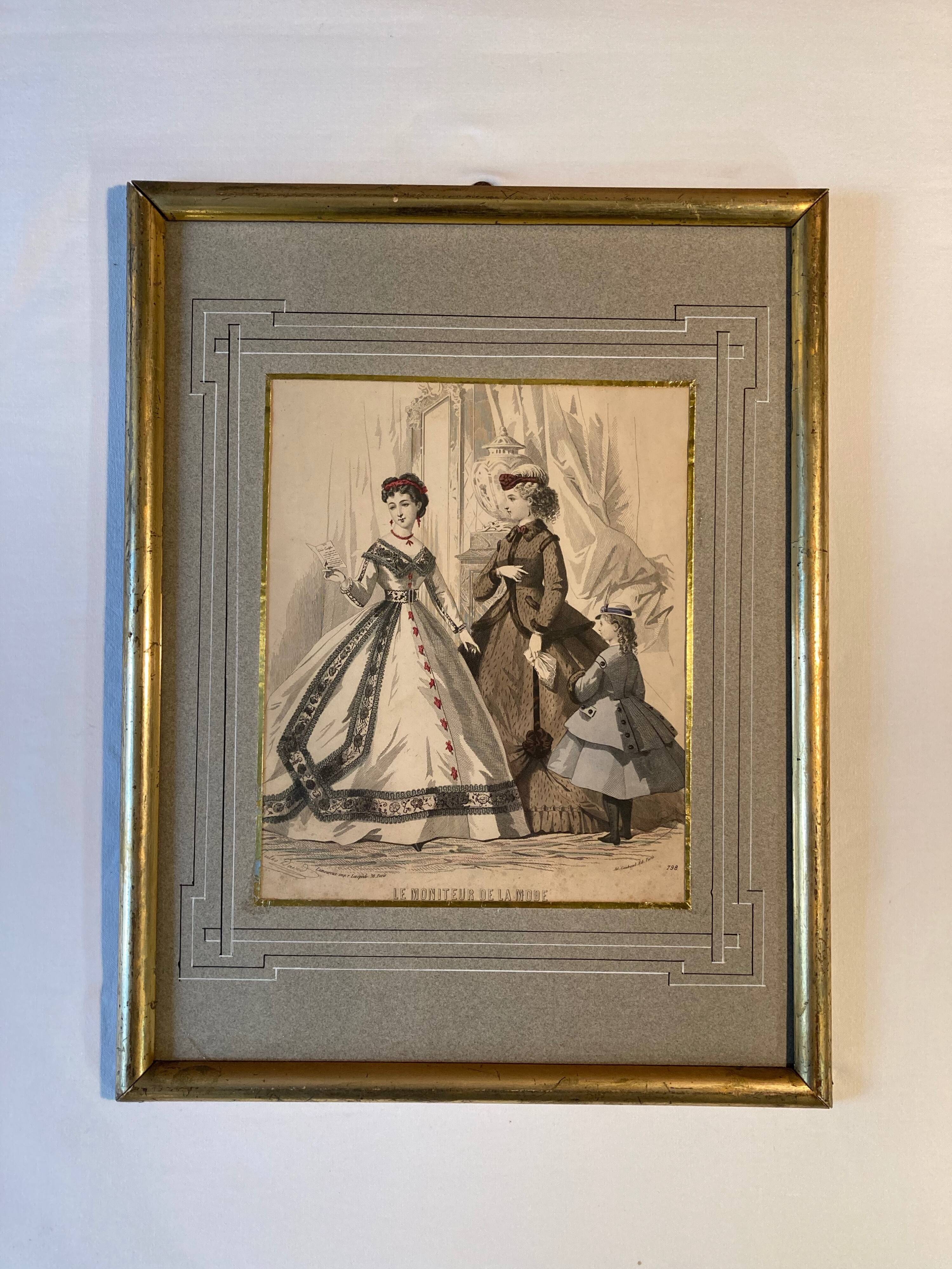 Old frame with illustrated page from the newspaper "Moniteur de la mode", Paris, late 19th century