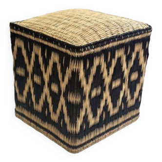 Moroccan pouf cube seat in graphic ikat wicker dark green forest fir