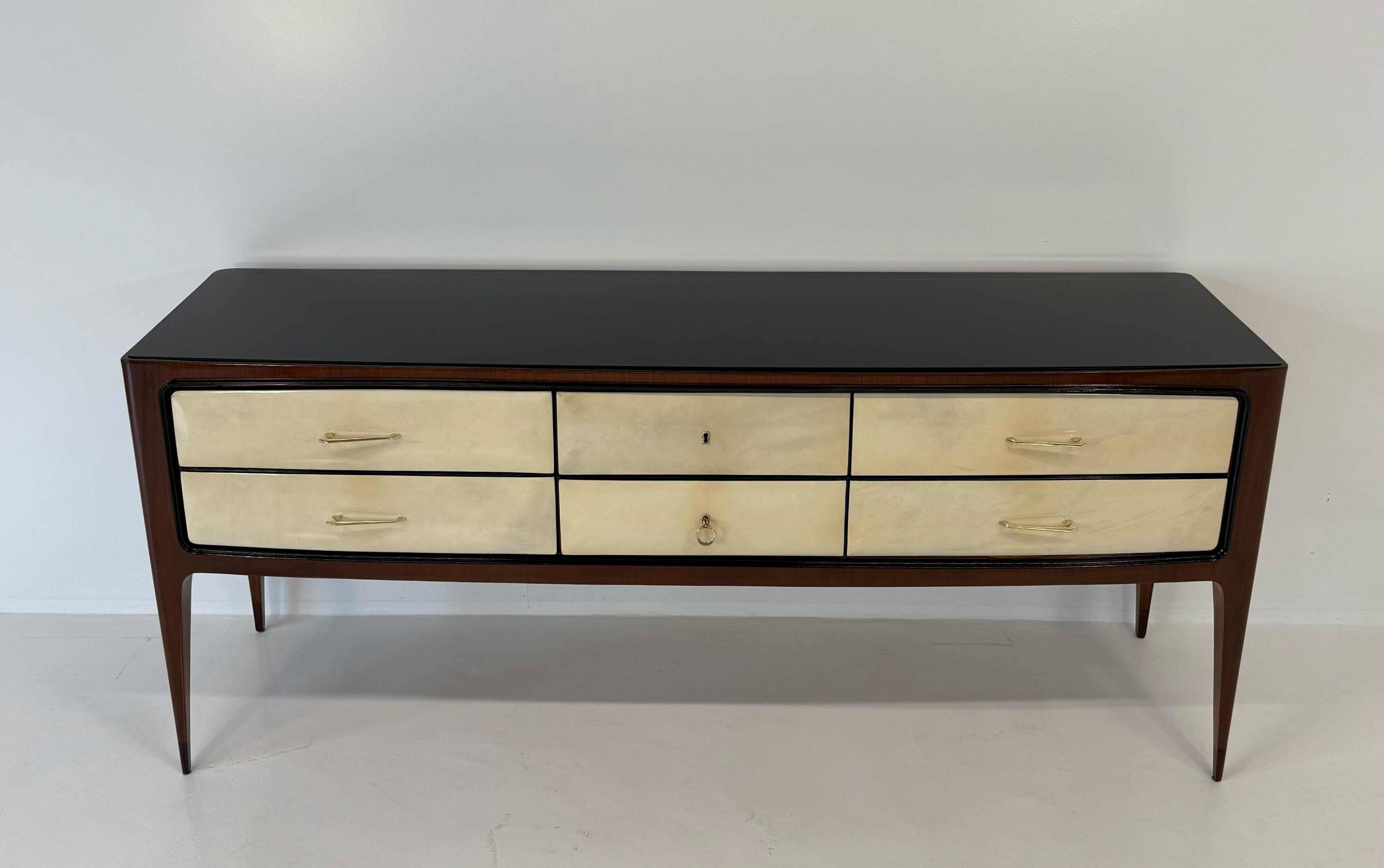 1950s Parchment and Walnut Chest of Drawers Attr. Paolo Buffa