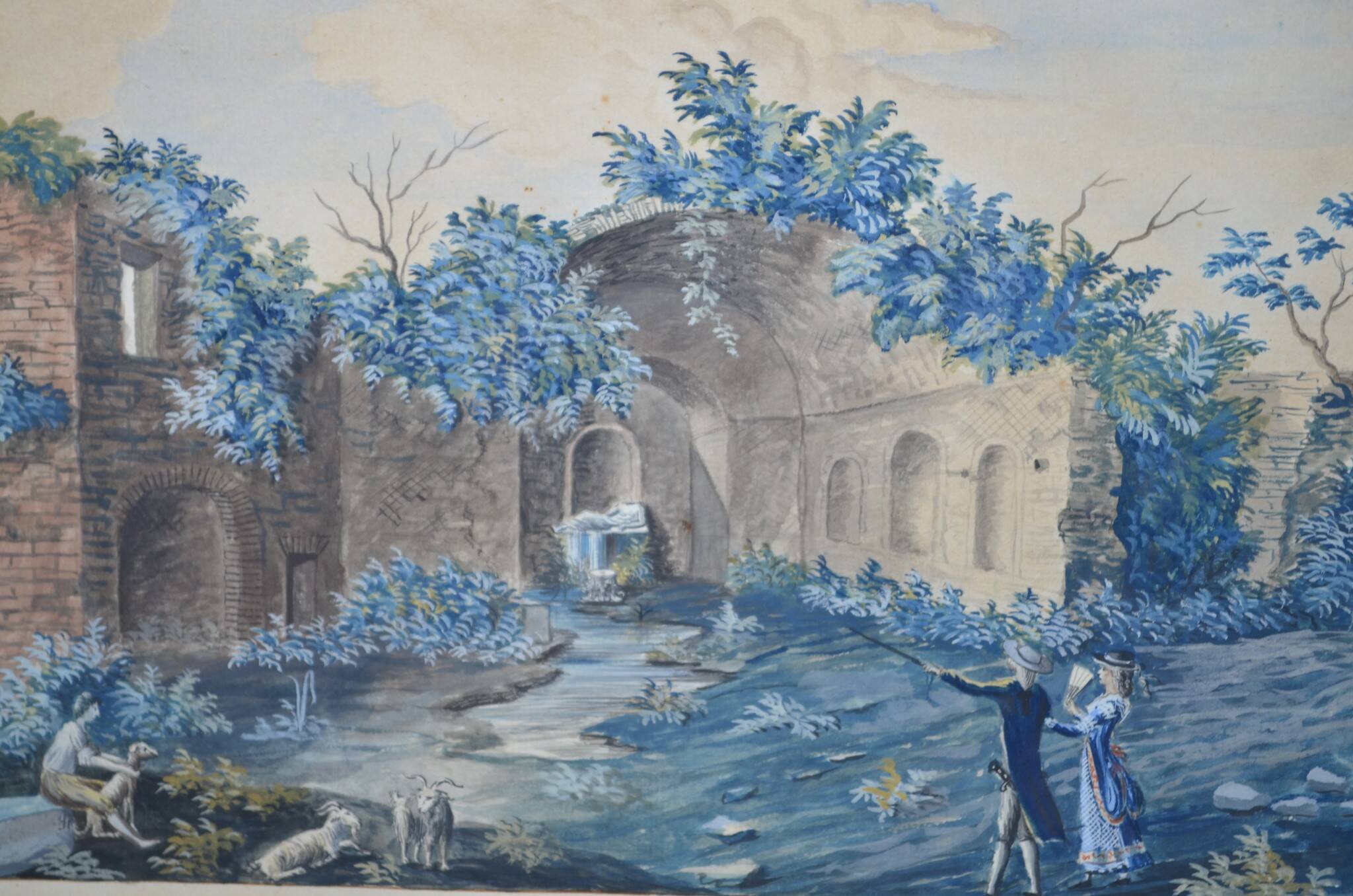 Ecole Italienne du XIXème siècle  « La source de la nymphe Egérie » Gouache