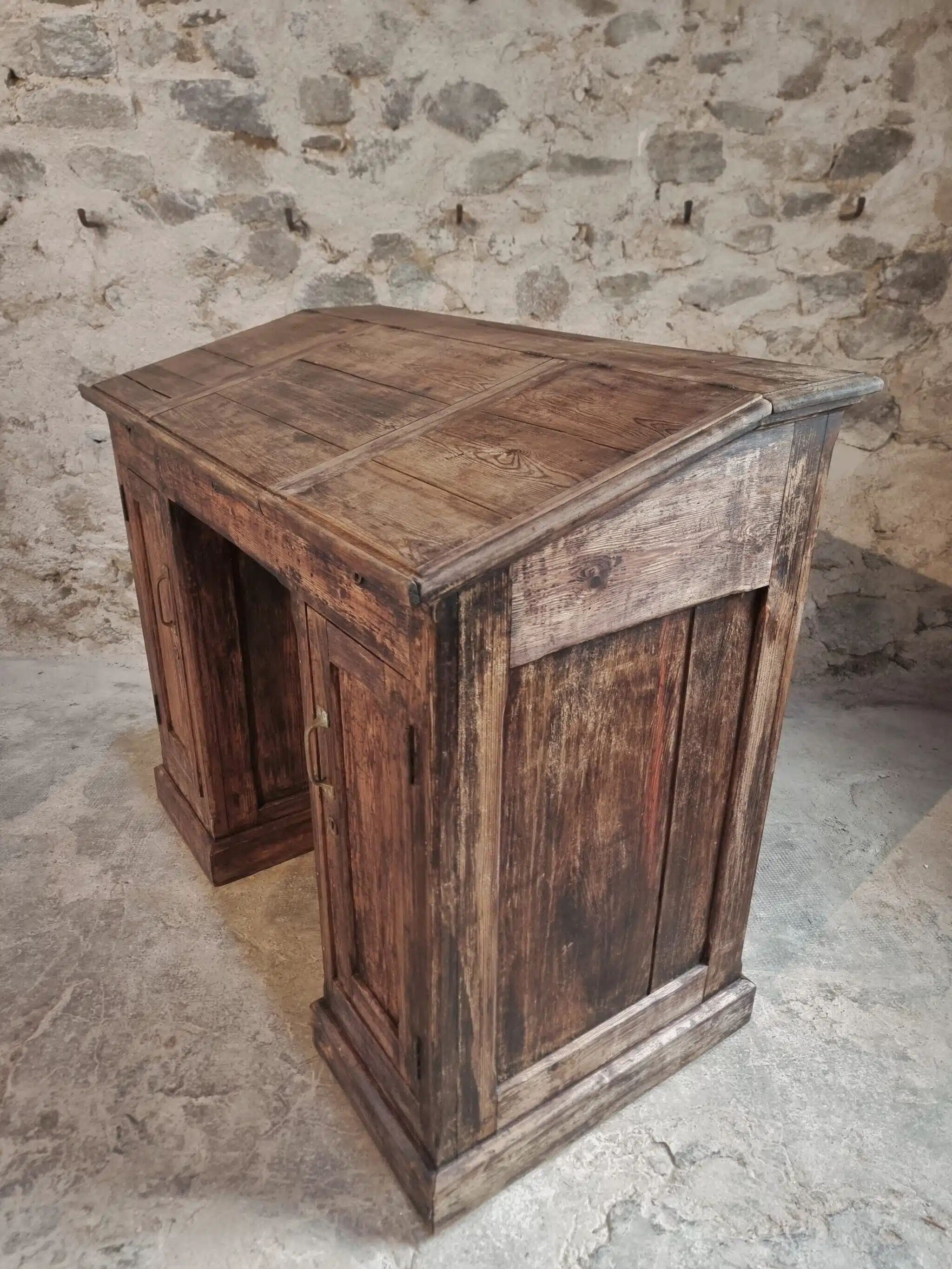 Antique French pine desk – 1880, bar/counter unit with drop-leaf compartments – 65×120×106 cm