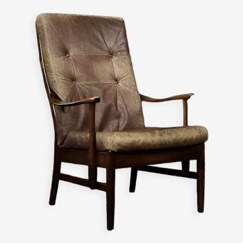 Fauteuil haut vintage en hêtre moderne danois du milieu du siècle et en cuir brun de Farstrup Møbler, années 1970