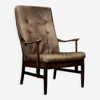 Vintage Mid-Century Danish Modern Beech & Brown Leather High Armchair from Farstrup Møbler, 1970s