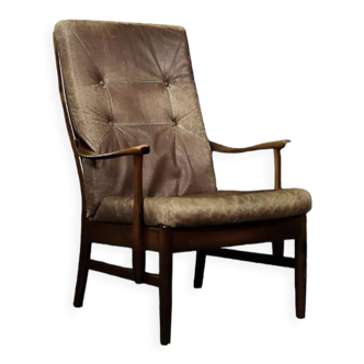 Fauteuil haut vintage en hêtre moderne danois du milieu du siècle et en cuir brun de Farstrup Møbler, années 1970