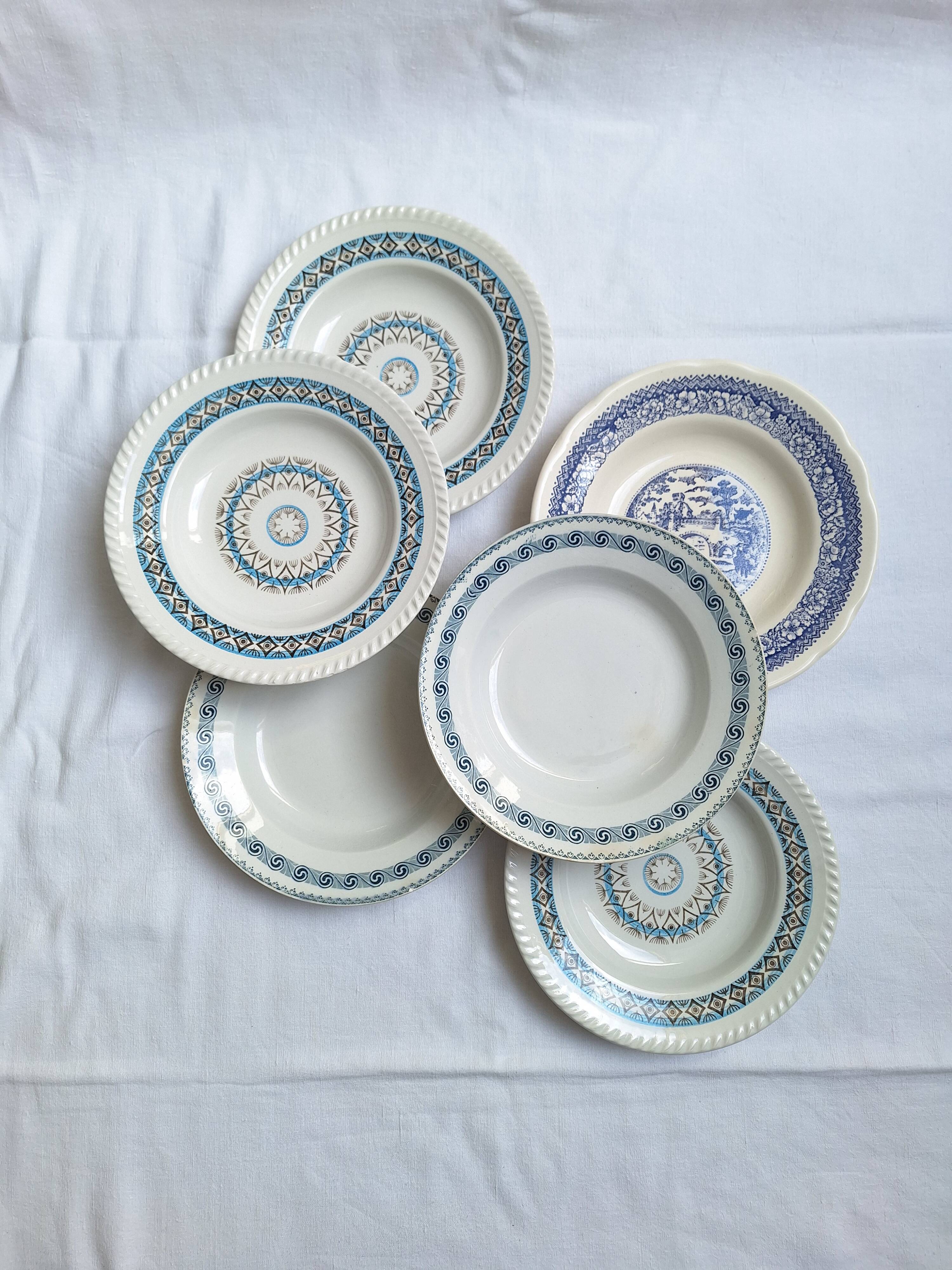 St Amand blue soup plates, Ironstone