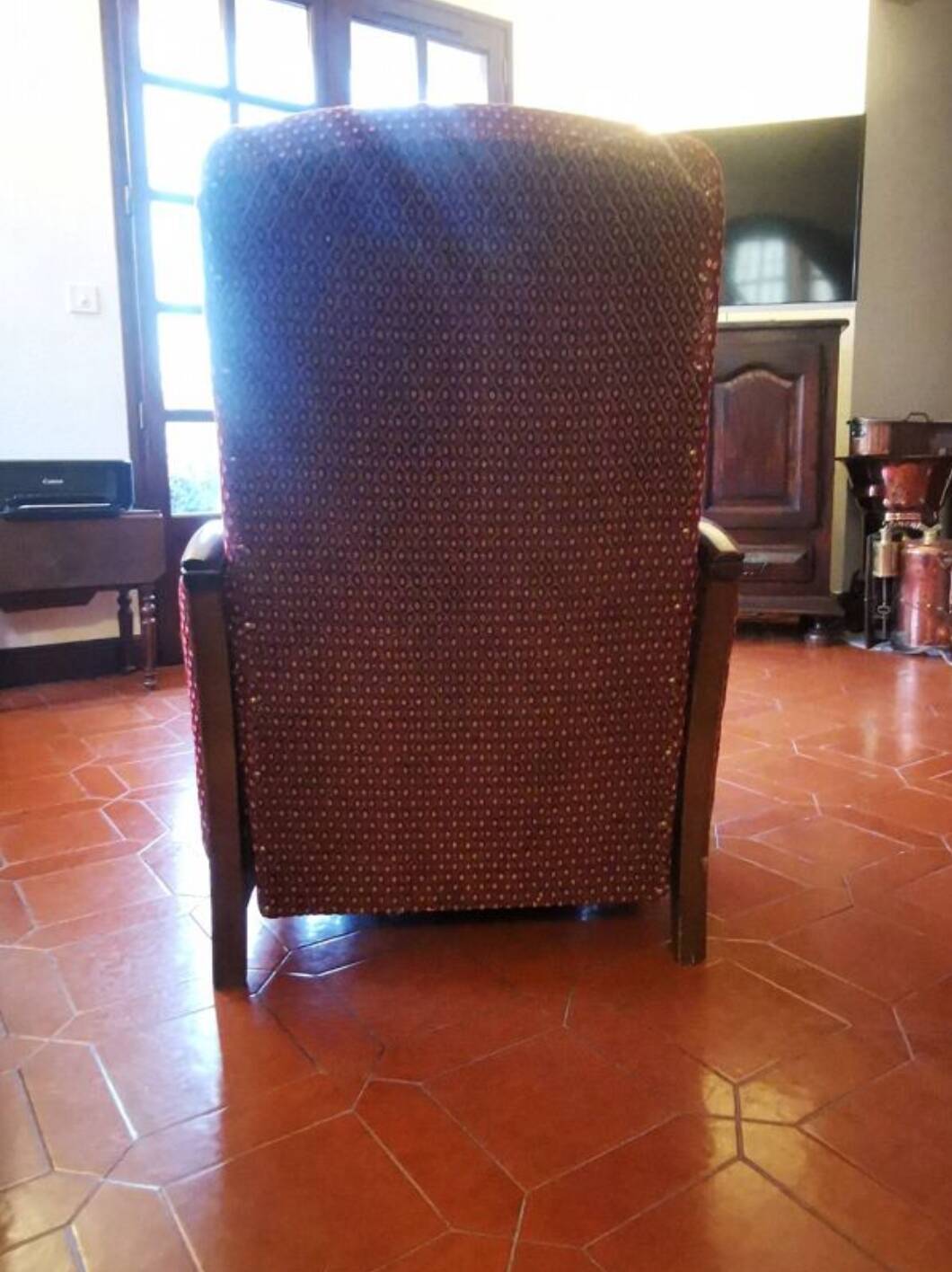 Louis XV style velvet and cherry wood reclining armchair