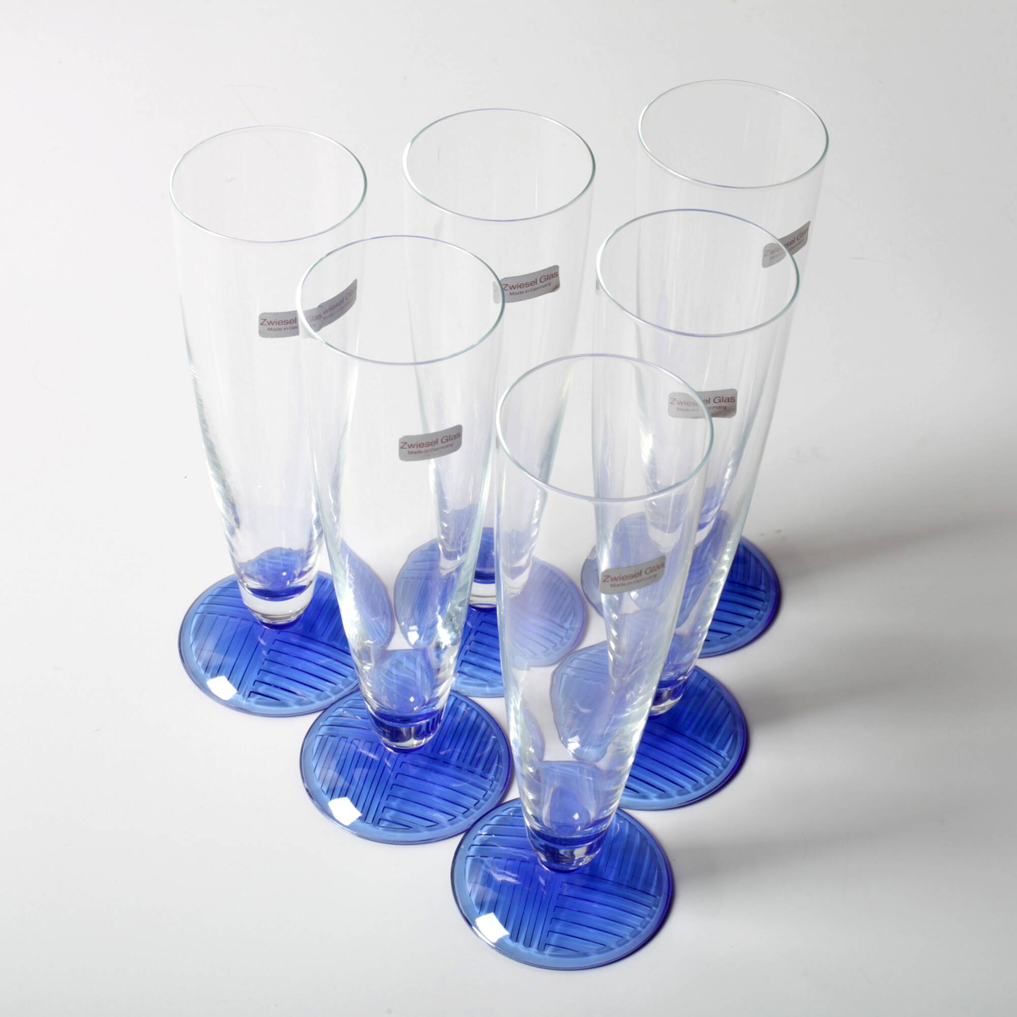 Set of 6 Vintage Blue-Footed Glasses /Rare Tall Tumblers / Zwiesel Glas / G