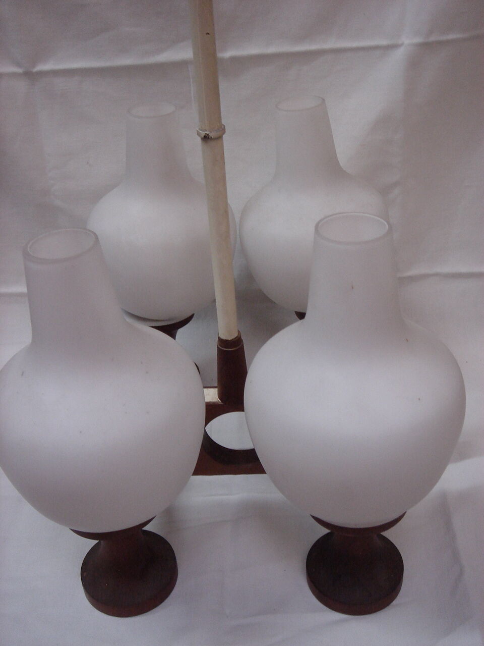 Scandinavian teak chandelier white opaline 1950