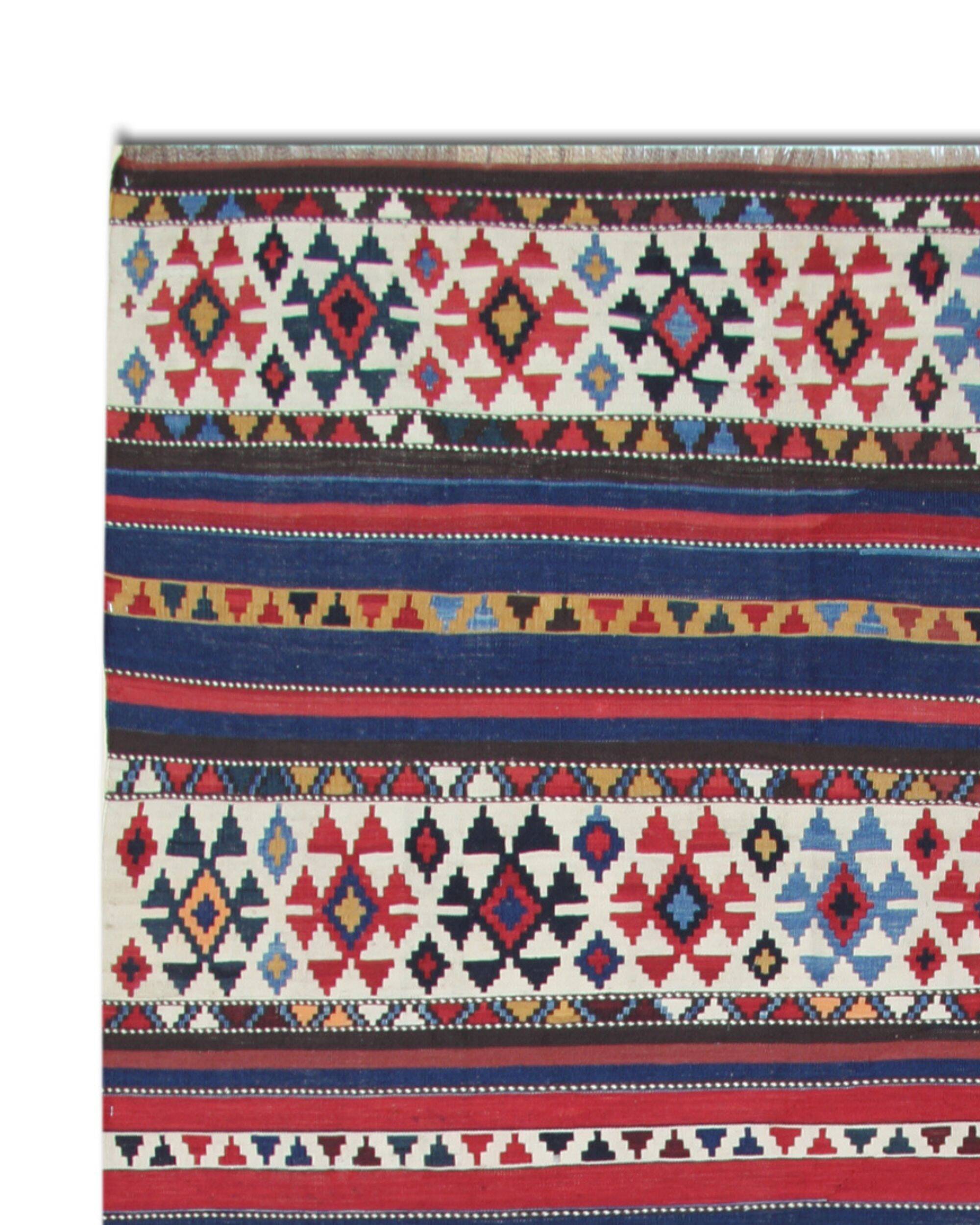 Shirvan Kilim Runner 1940s, Tribal Wool Striped Geometric Rug 340x160cm