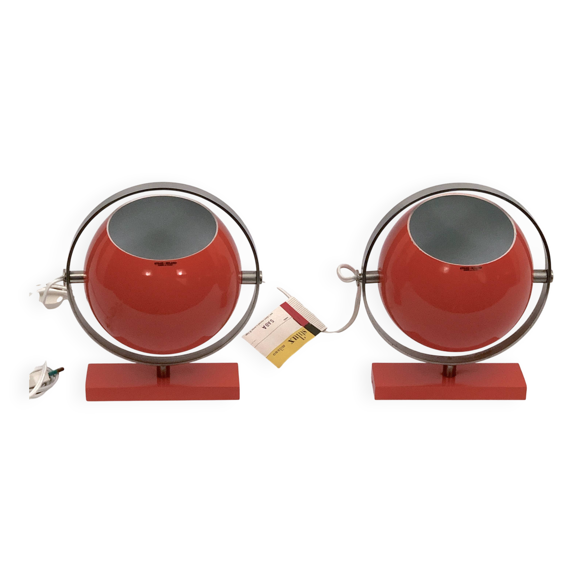 Stilux Milano model Saba, rare orange globe table lamps from 60s. Set of tw