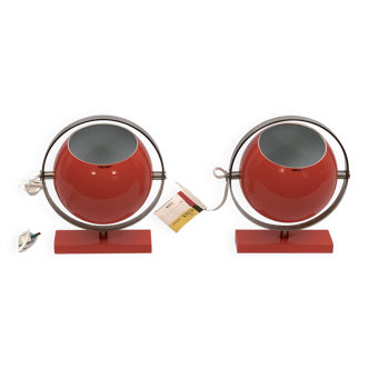 Stilux Milano model Saba, rare orange globe table lamps from 60s. Set of tw