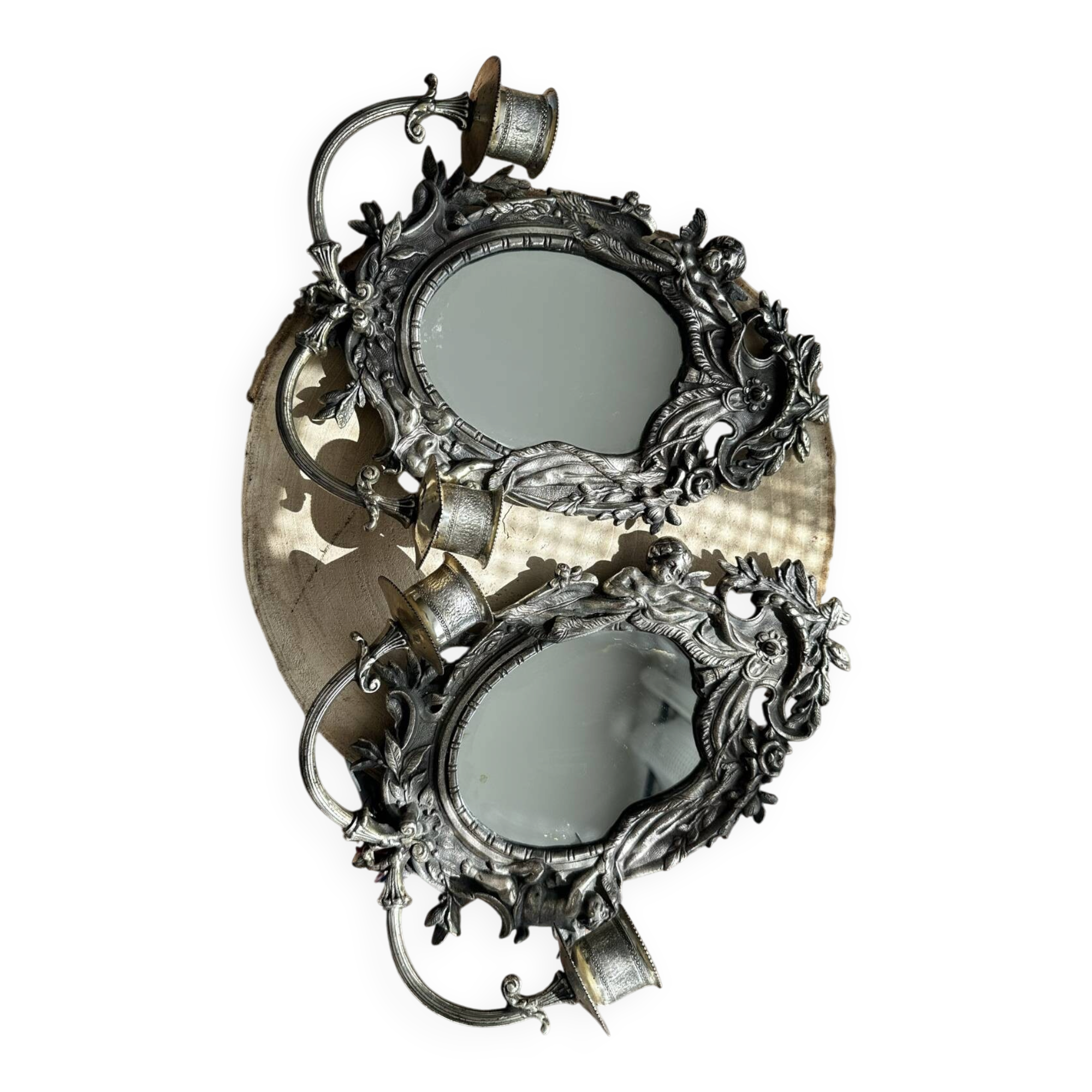 Rare pair of mirror sconces with putti. Napoleon III / Art Nouveau ~