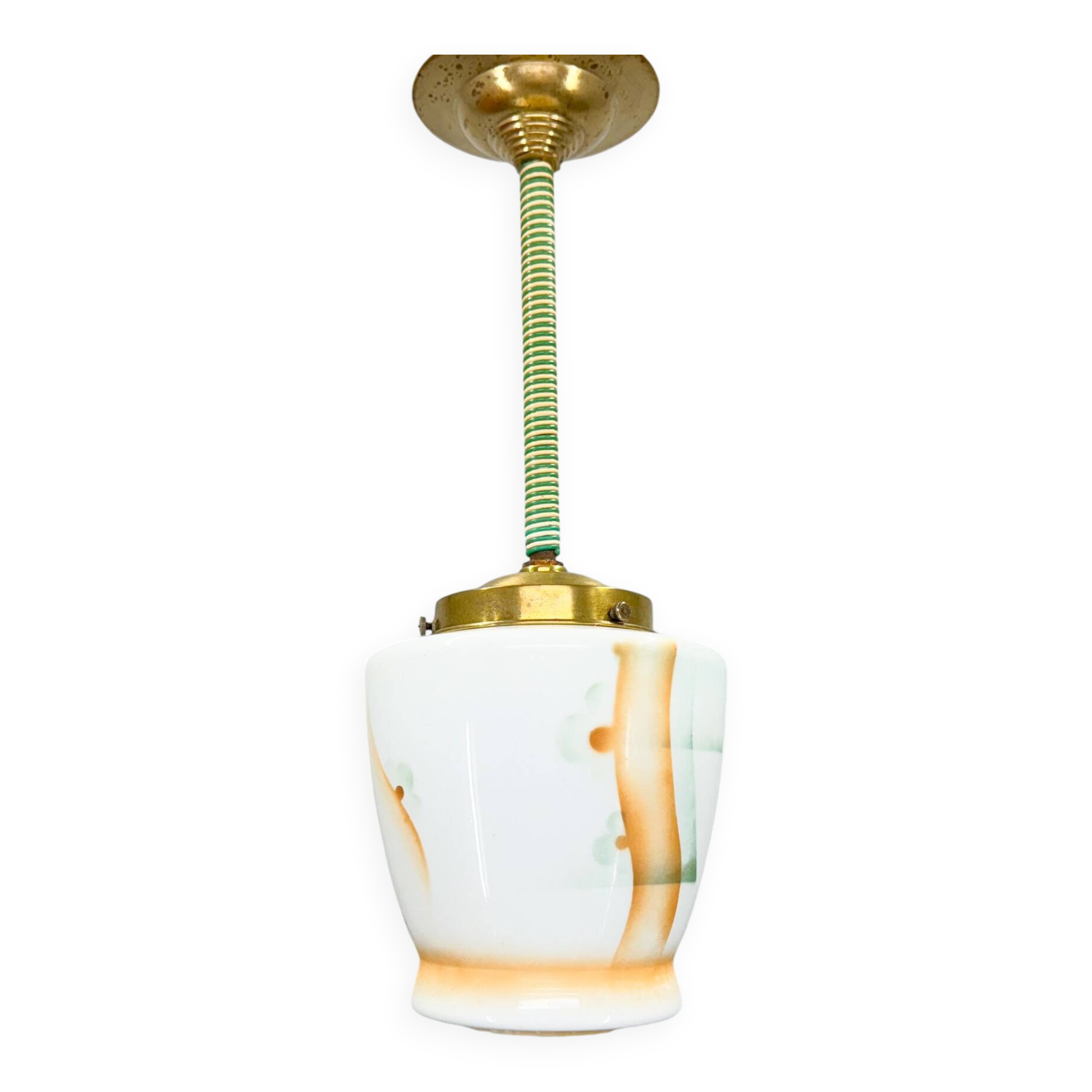 Small Art Deco Brass & Colored Glass Pendant Ligt, Germany 1930's, Restored