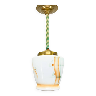 Small Art Deco Brass & Colored Glass Pendant Ligt, Germany 1930's, Restored