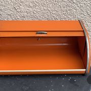 Bread box orange metal and its vintage knife 1970