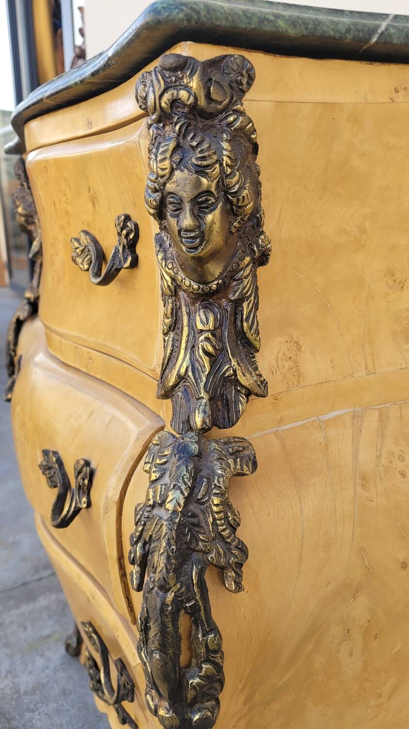 Curved Louis XV style chest of drawers in elm burl and bronze marquetry
