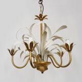 Lustre vintage 3 feux en métal blanc et doré vieilli, feuilles de palmier