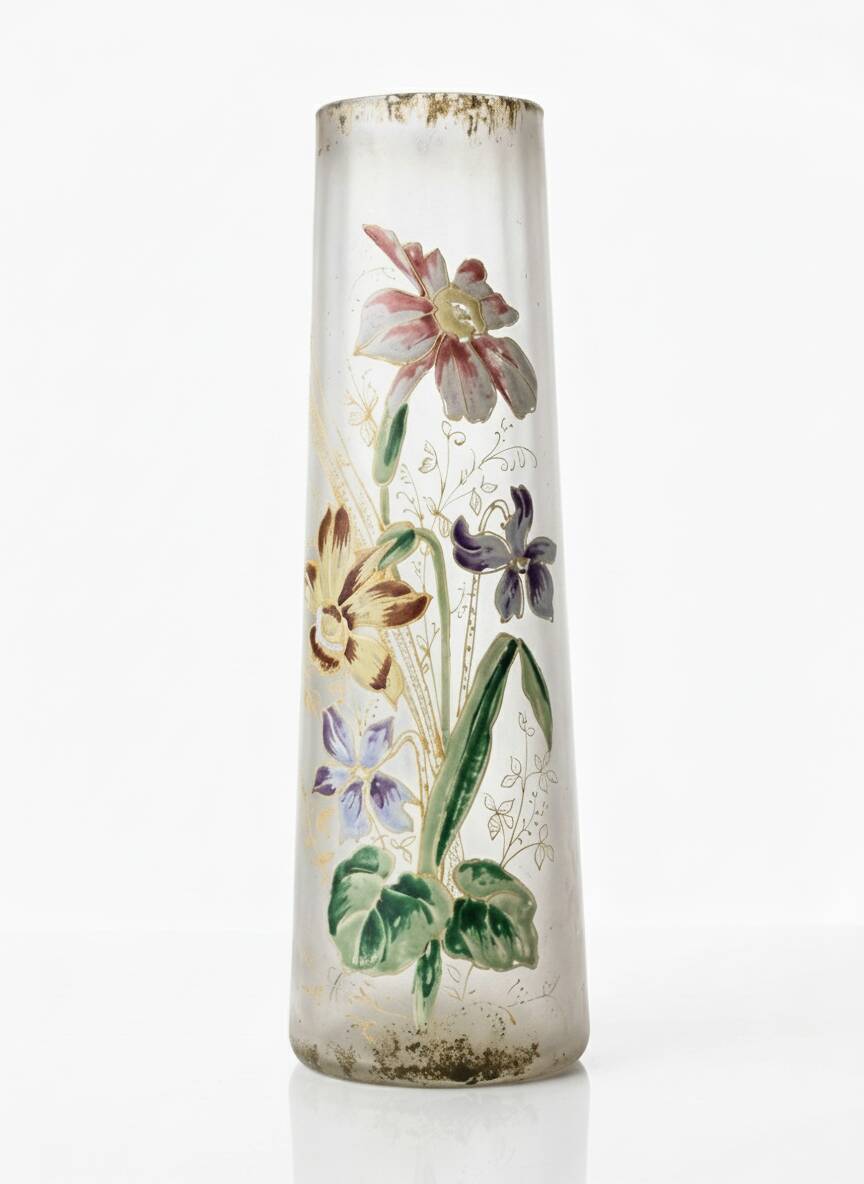 Cylindrical Art Nouveau vase with enamelled decoration of violets.