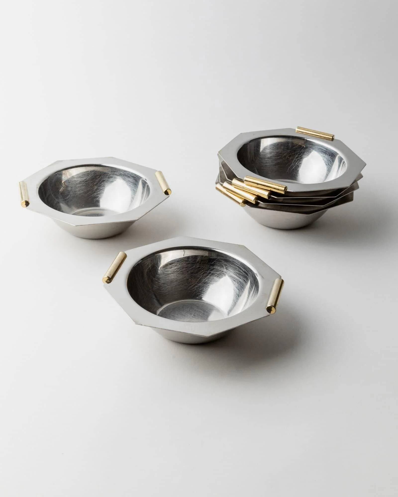 1980s vintage bowls, set of 8, stainless steel with gold handles.