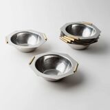 1980s vintage bowls, set of 8, stainless steel with gold handles.