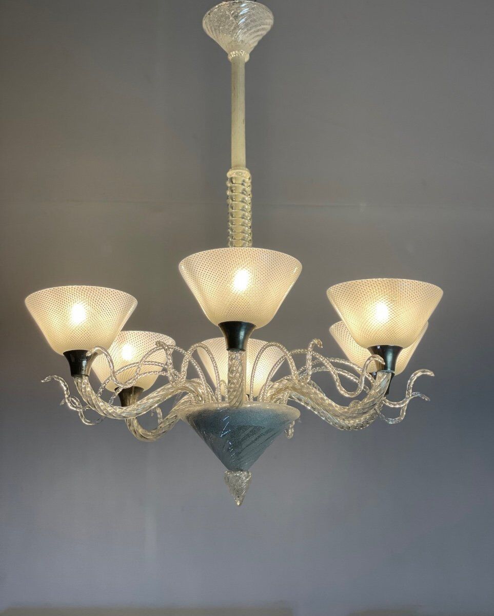 Venetian chandelier in murano glass circa 1940 vetro a reticello