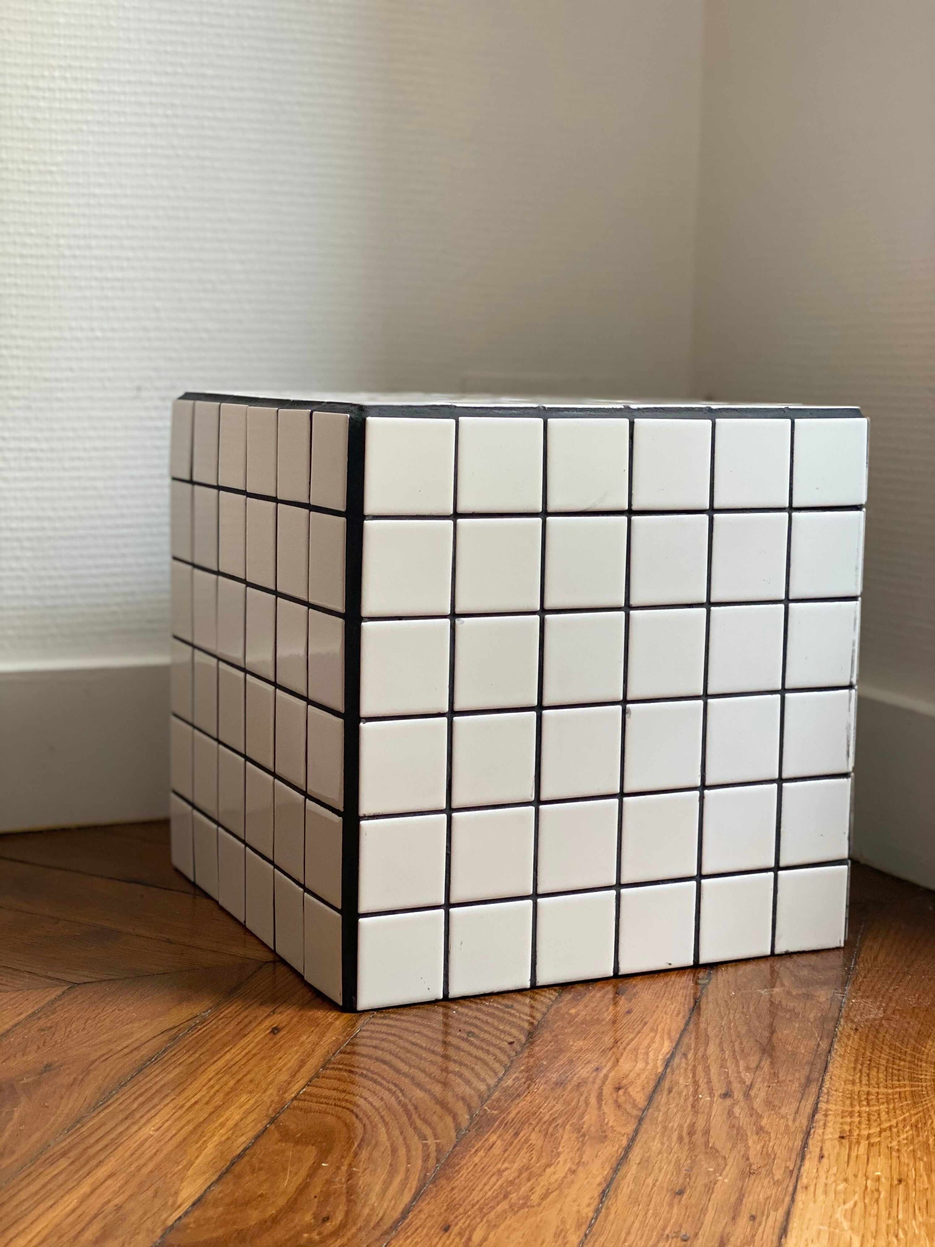 Checkerboard cube bedside table tiled white retro black tile