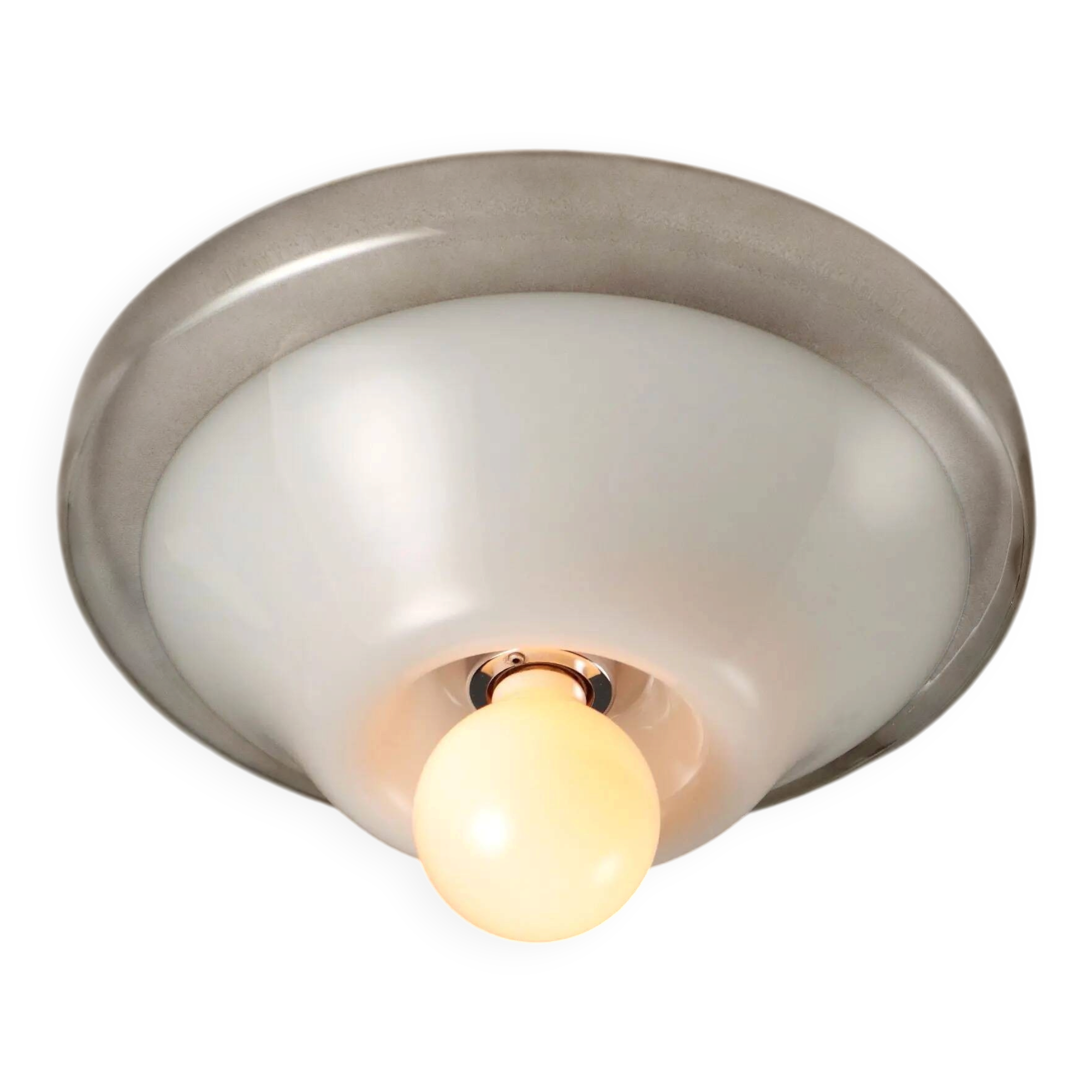 Vintage ceiling light in white and clear glass, Italian design from the 1970s.