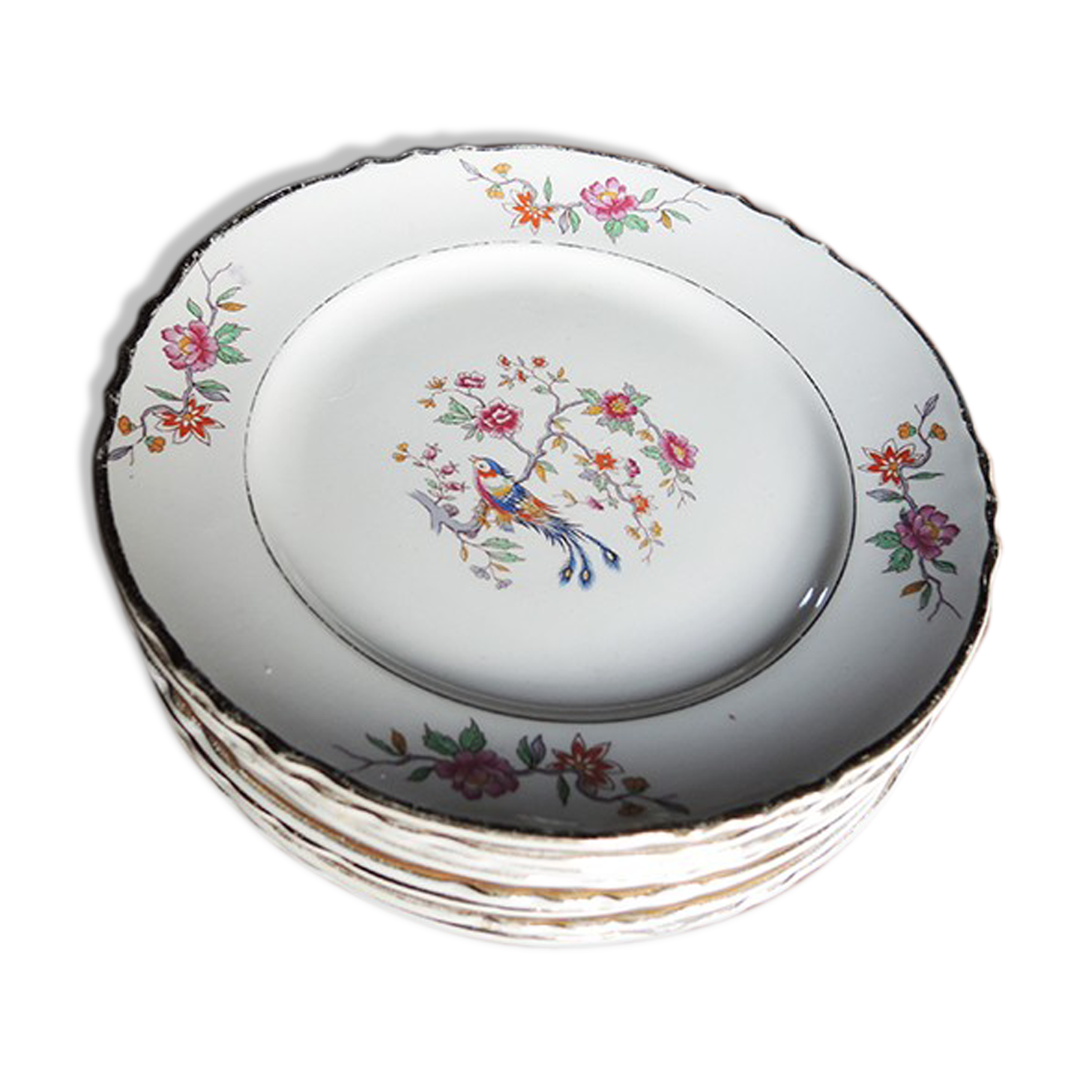 7 anciennes assiettes à dessert Moulin des Loups décor oiseau