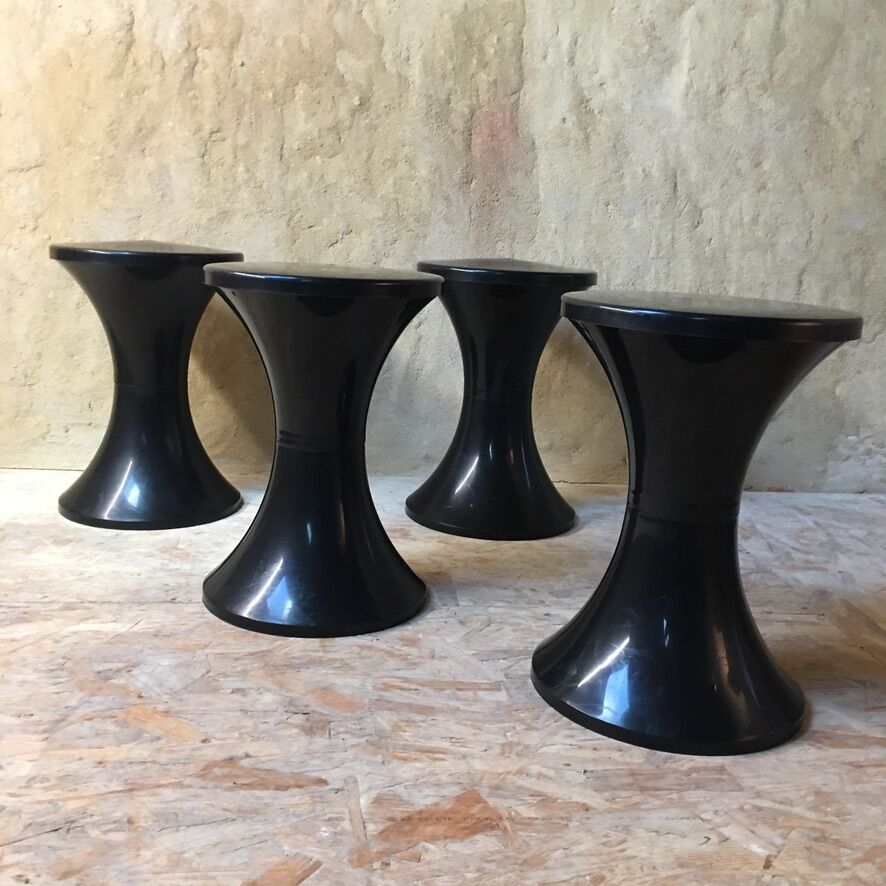 4 Original Black Tam Tam Stools by Henry Massonet