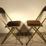 Pair of folding chairs in velvet and gilded metal