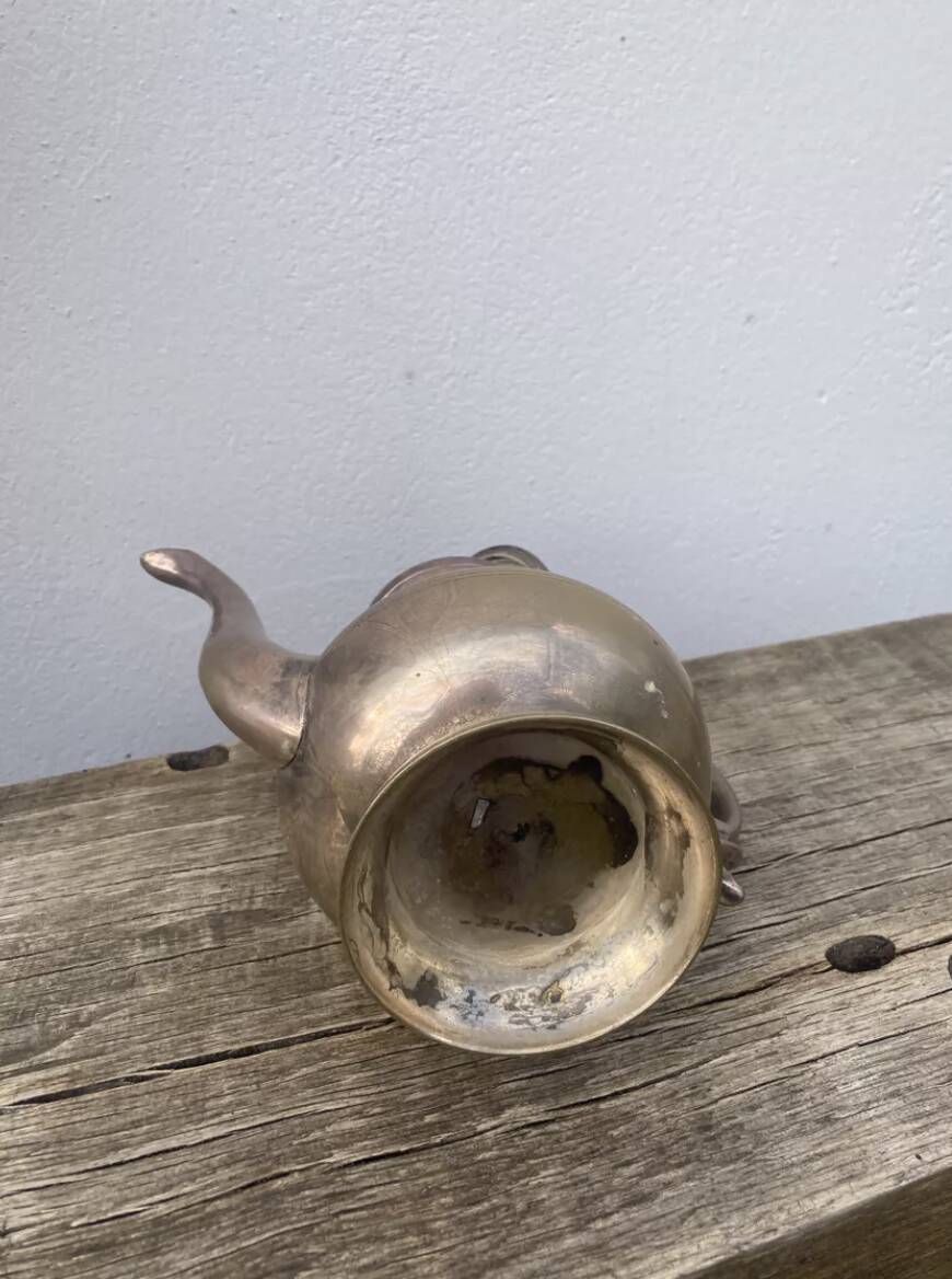 Large old English 19th century gilded metal teapot