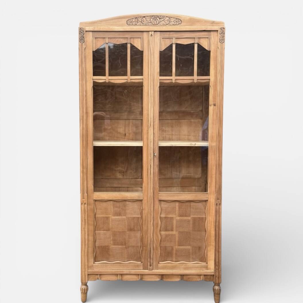 Parisian glass-fronted Art Deco wardrobe in solid raw walnut.