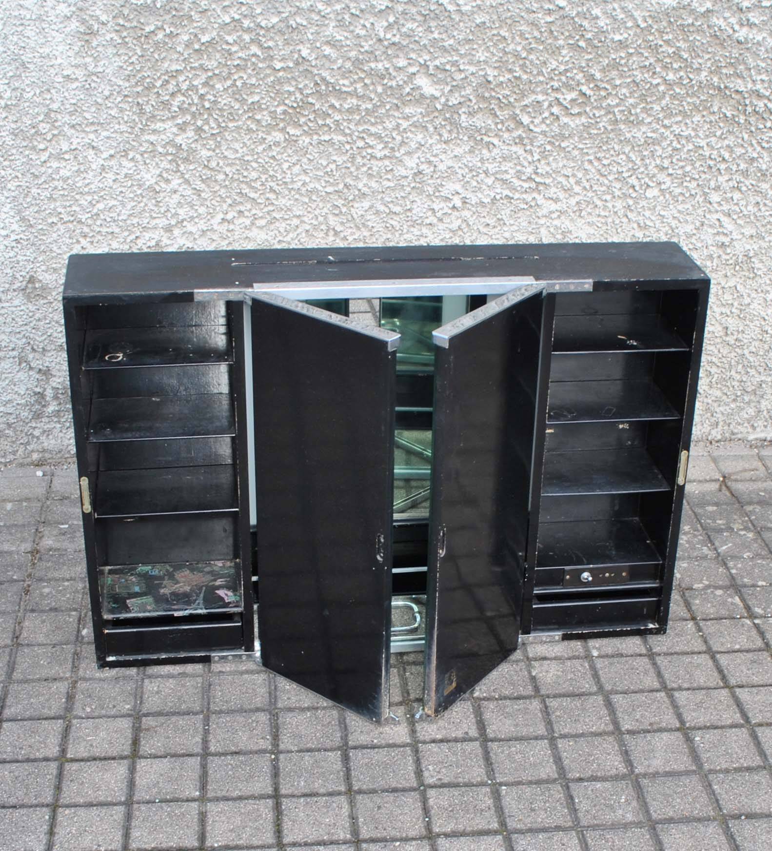 Vintage mirror cabinet in wood and chrome metal - backlit dressing table shelf 1950-1960