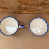Pair antique quimper cb ceramic beige blue france cup #b287