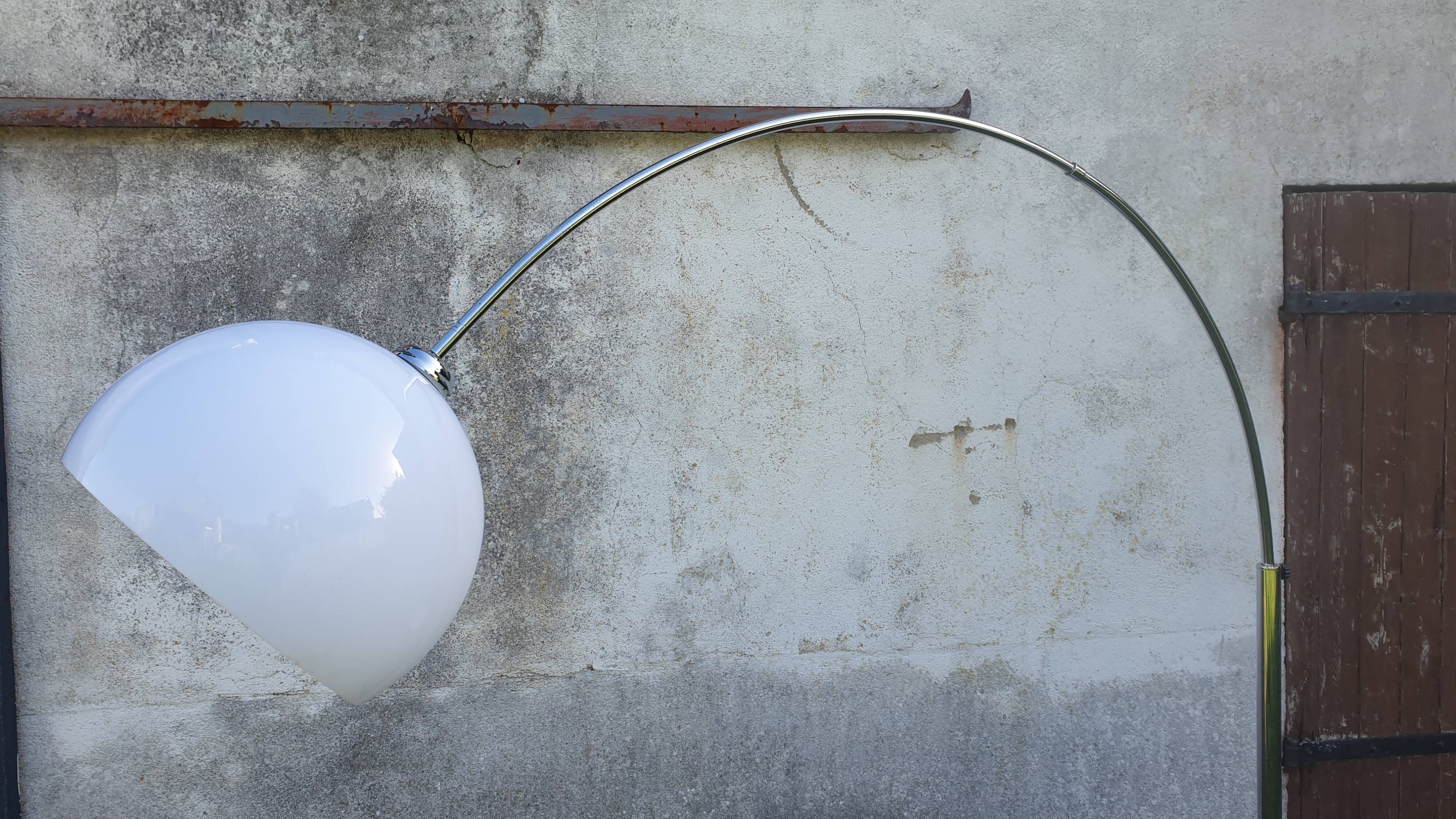 Chrome arc floor lamp with white globe, Space Age style from the 70s, BVH edition.