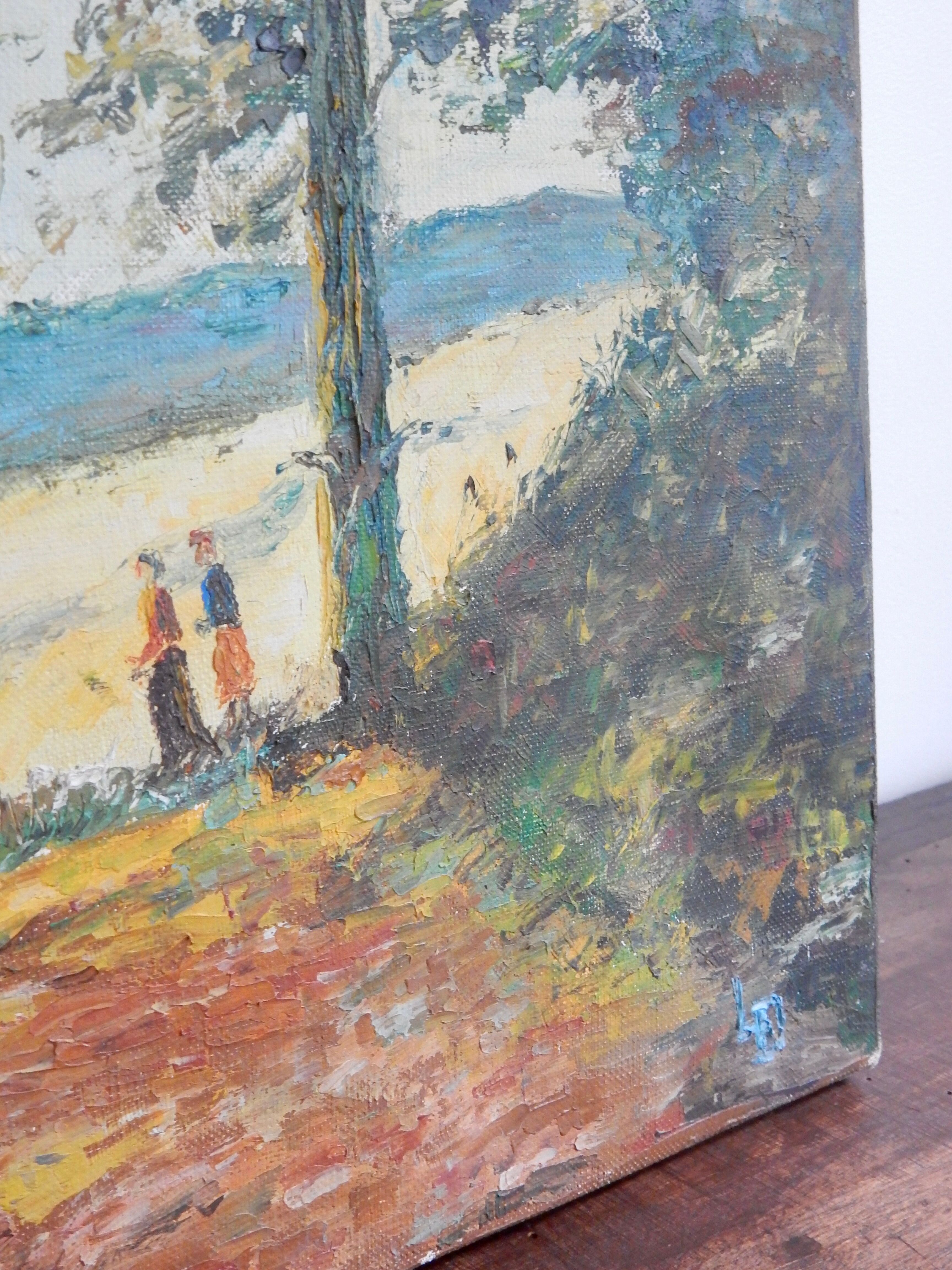 Oil on canvas painting forest by the sea